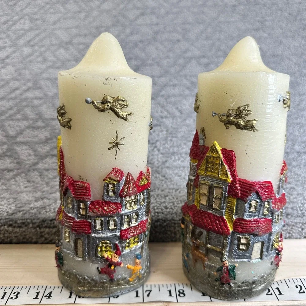 Set of 2 Christmas‎ Village House Pillar Candles Gold Angels Festive Decor